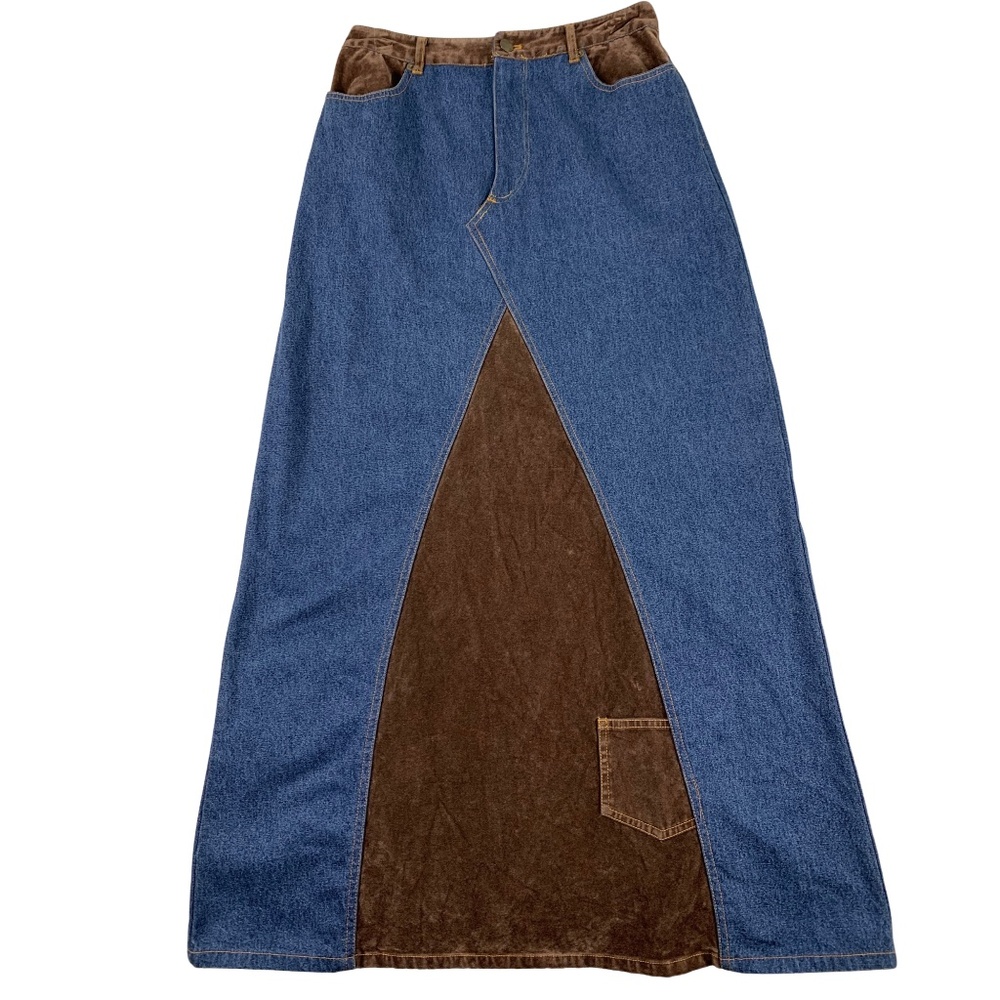 Forenza Denim and Brown Faux Suede Maxi Skirt with 17" Slit Women 8 Vintage 90s